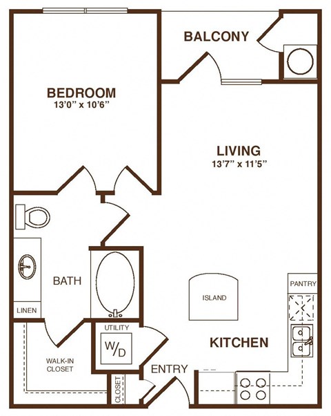 Floor plan for 1 bed, 1 bath, 609 sqft